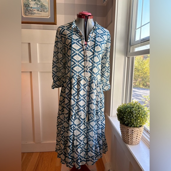 Dolma Cotton Blue and White Midi Dress Size Small - Picture 5 of 11